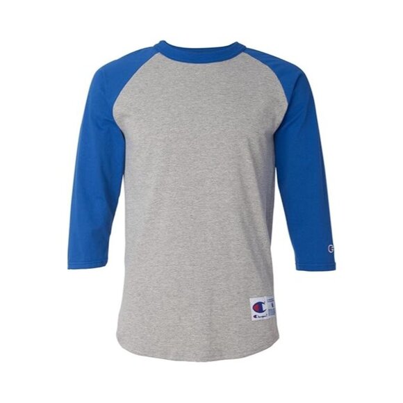 Champion Raglan Quarter Sleeve Baseball T-Shirt Gray Royal Blue Mens Size Small - Picture 10 of 10